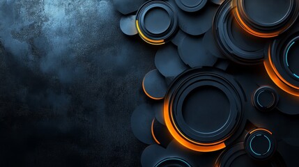 High-tech background with black and orange tones and blue accents, perfect for modern presentations and digital projects, creating a sleek, futuristic atmosphere with dynamic design elements.