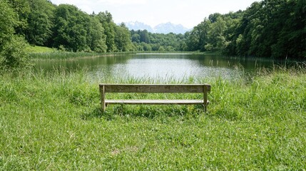Serene lake view bench, peaceful nature scene, summer day
