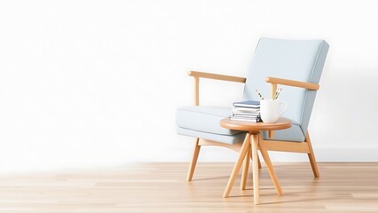 Light blue armchair with wooden side table in a minimalist room with soft natural lighting for a clean and cozy space.