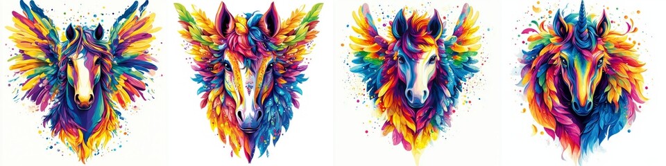 Colorful Pegasus Horse Head Portraits Set Against White Background Whimsical Creatures Illustration