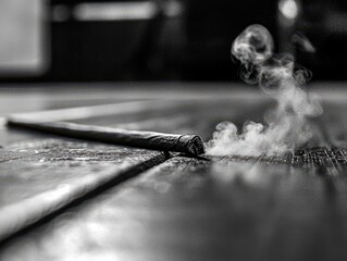 A close-up of a smoking stick lying on a wooden floor, creating a mystical and atmospheric vibe in black and white.
