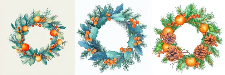 Naklejka premium Festive Circular Wreaths of Holiday Evergreens and Oranges for Christmas Decoration Design Project