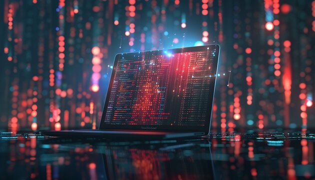 A laptop displays source code and a futuristic data stream in a nighttime setting