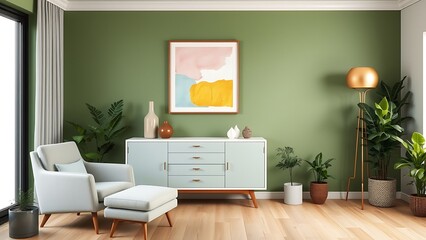 Naklejka premium Chic modern living room with green accent wall, white furniture, and indoor plants for a fresh and stylish interior.