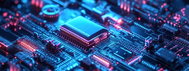 Obraz premium Futuristic Circuit Board AI Technology Electronics Microchip Computing Hardware Data Network