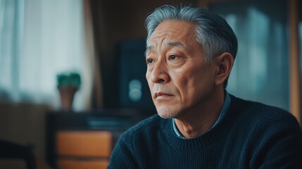 Obraz premium A thoughtful older man reflects in his home