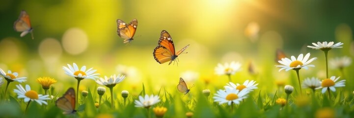 Obraz premium Daisy field, butterflies flitting, sunlit scene, butterflies, light