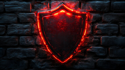 Red glowing shield emblem against a dark brick wall. Could be used for security, gaming, or fantasy themed websites and blogs.