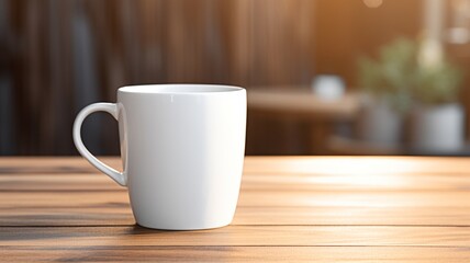 Fototapeta premium A simple white mug awaits your morning brew, promising warmth and quiet contemplation in a softly lit café setting.