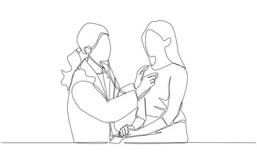 Continuous one line drawing of female doctor using stethoscope to check lung function of patient, medical checkup, lung auscultation concept, single line art
