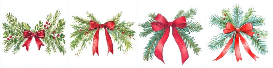 Festive Holiday Bows and Greenery Accents Seasonal Decoration Elements for Creative Design Projects