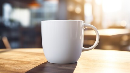 Fototapeta premium A simple white mug, a quiet moment of warmth and contemplation on a sun-drenched wooden table in a softly blurred café.