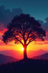 Silhouetted tree, vibrant sunset, sparkling lights, beach, travel, silhouette tree