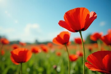 Naklejka premium Vibrant red poppies bloom in a summer flowerbed , close-up, summertime