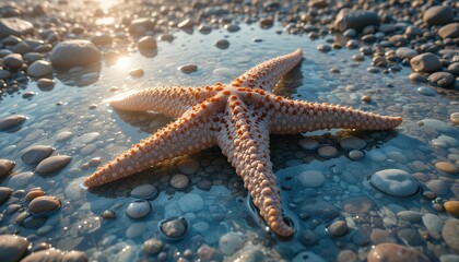 Starfish Resting on Pebble Beach with Shallow Water and Sunlight