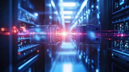 Fototapeta premium Two abstract quantum computers connected by a glowing energy beam, with a blurred futuristic lab background, representing a groundbreaking science concept.