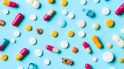 Various pills and medicine on a blue background.