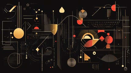 A black background with abstract gold geometric lines and shapes