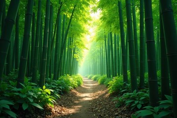 Fototapeta premium Narrow path disappearing into dense bamboo thicket , dense foliage, growth, green