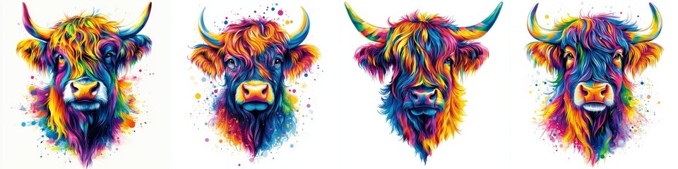 Colorful Highland Cattle Portraits Artistically Rendered with Rainbow Hues and Watercolor Textures