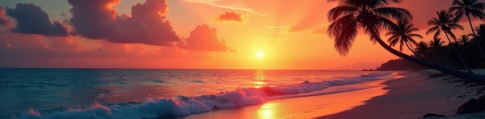 Fototapeta premium Silhouetted palm tree on a beach at sunset, waves lapping gently at the shore , sand, sun, Palm