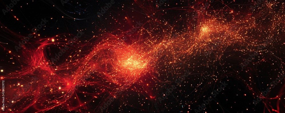 Wall mural a black background with abstract particle explosions in red and gold