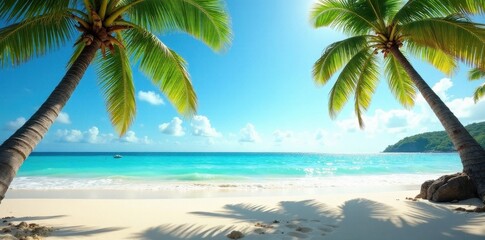 Sun-drenched sands meet turquoise waves, palm trees sway , yellow, palm trees