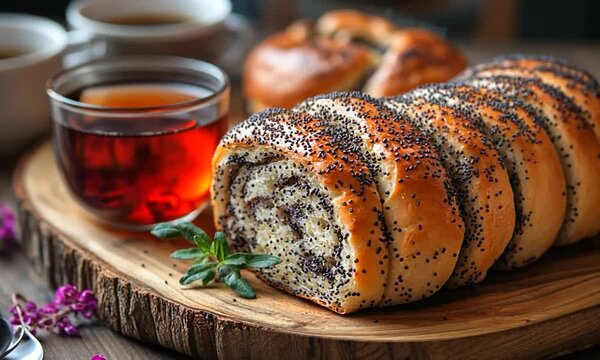 Freshly baked poppy seed roll served on a wooden platter with tea and flowers in a cozy setting