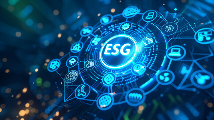 ESG digital network with glowing blue icons representing sustainable investment