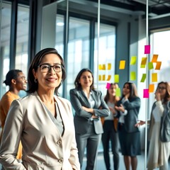 Una mujer de negocios hispana de alto rango y su equipo trabajan juntos en una oficina moderna, intercambiando ideas con notas adhesivas en una pared de vidrio.