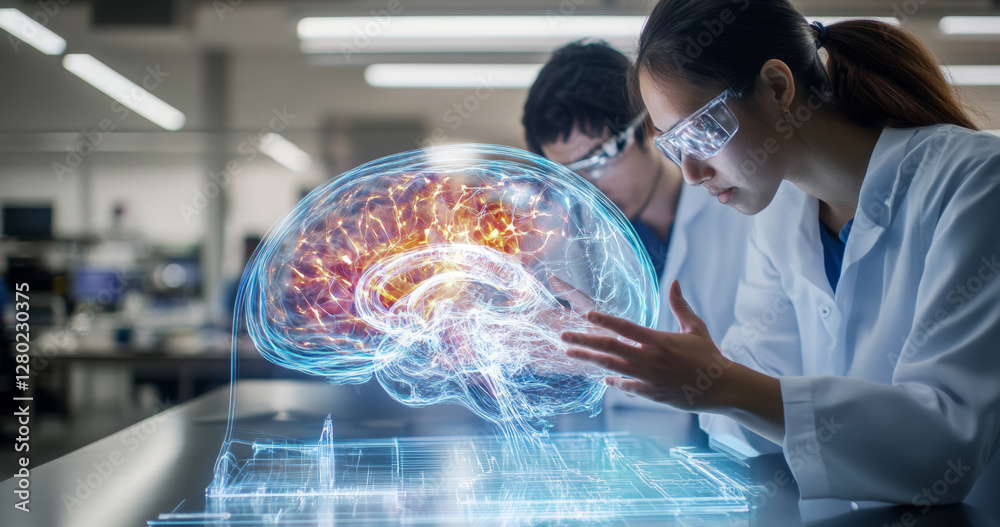 Poster Two interns in white lab coats focus on a holographic brain display, engaging with advanced medical technology. This setting highlights their dedication to studying neuroscience and innovation.