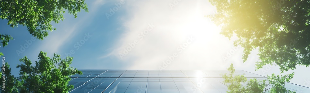 Poster AI-optimized smart office building with automation features, showcasing modern architecture and technology.