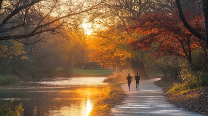 Fototapeta premium Joggers running along a scenic park trail at sunrise, warm lighting, energetic 