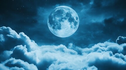Obraz premium Serene moon shining bright at night with glowing clouds. Background sky with stars