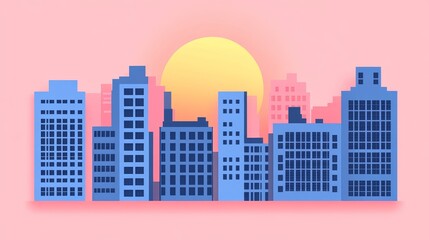 Stylized cityscape vector illustration at sunset minimal flat design building skyline construction urban background and vibrant color