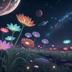 A holographic space garden where flowers bloom in zero gravity