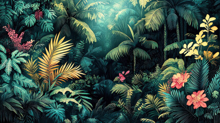Naklejka premium Lush tropical rainforest with vibrant foliage.