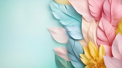 Pastel painted feathers flatlay on turquoise backdrop delicate nature art installation dreamlike soft hues gentle aesthetic invitation