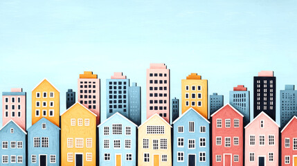 Colorful urban skyline with houses and buildings.