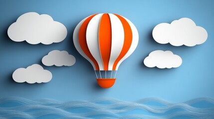 Papercut air balloon above stylized water with whimsical clouds against serene blue backdrop delivering hope and inspiration