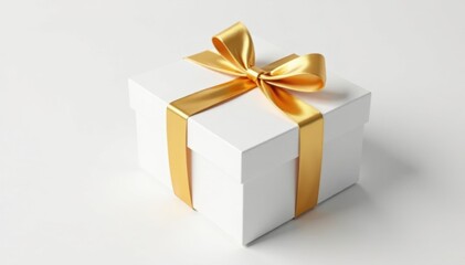 Obraz premium Pure white gift box adorned with a golden ribbon bow, perfectly isolated , gift, design, shine