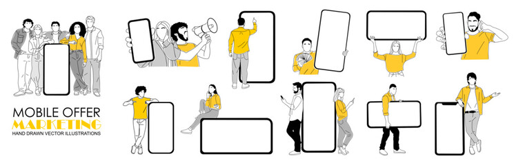 Digital marketing and advertising business concept illustrations. Set of vector scenes of men, women showing big smartphone with empty blank screen. Mobile, online offer, promotion. Isolated
