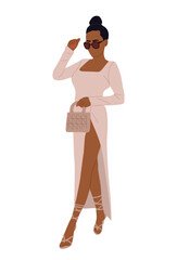 Black beautiful Woman in fashion dress for evening or cocktail party, event. Pretty african american girl wearing stylish clothes, shoes. Vector realistic illustration isolated