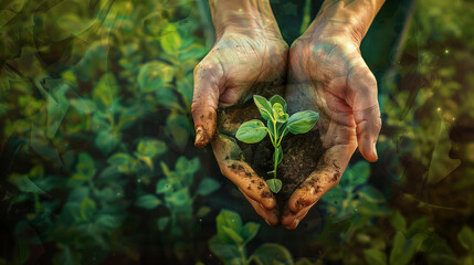 Hands cradling a small plant in soil, symbolizing sustainability, growth, and nature