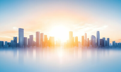 Obraz premium Stunning sunrise cityscape panorama; modern architecture reflected in tranquil waters, conveying growth, opportunity, and urban serenity.