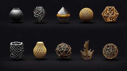Geometric 3D Renderings: Gold and Black Abstract Forms on Dark Background AI Generated