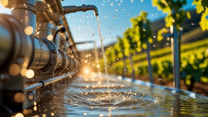 Water flows through irrigation pipes in a sunlit vineyard surrounded by lush grapevines