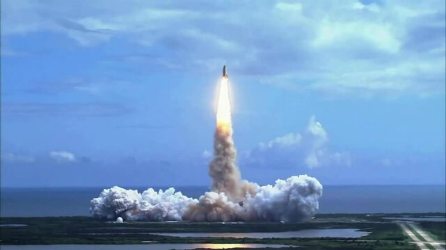View of a space shuttle launching from a coastal location.
