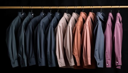 Colorful shirts on hangers, black background, retail display