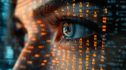 Close-up of a woman's profile with digital data overlay on her face. Futuristic, technology, and AI concepts merging human and digital elements.